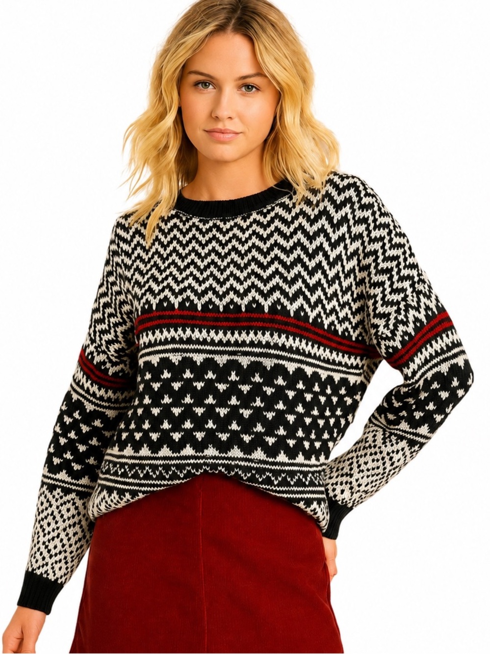 Forever 21 Black White Fair Isle‎ Pattern Knit Holiday Ski Nordic Sweater Size S